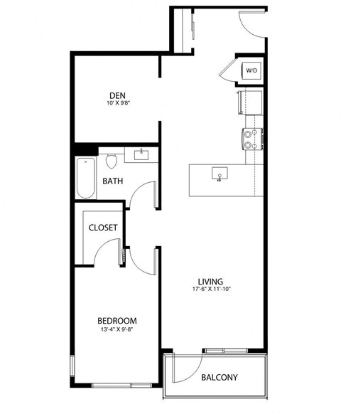 A floor plan of a small apartment with a den, bathroom, closet, living room, bedroom and balcony.